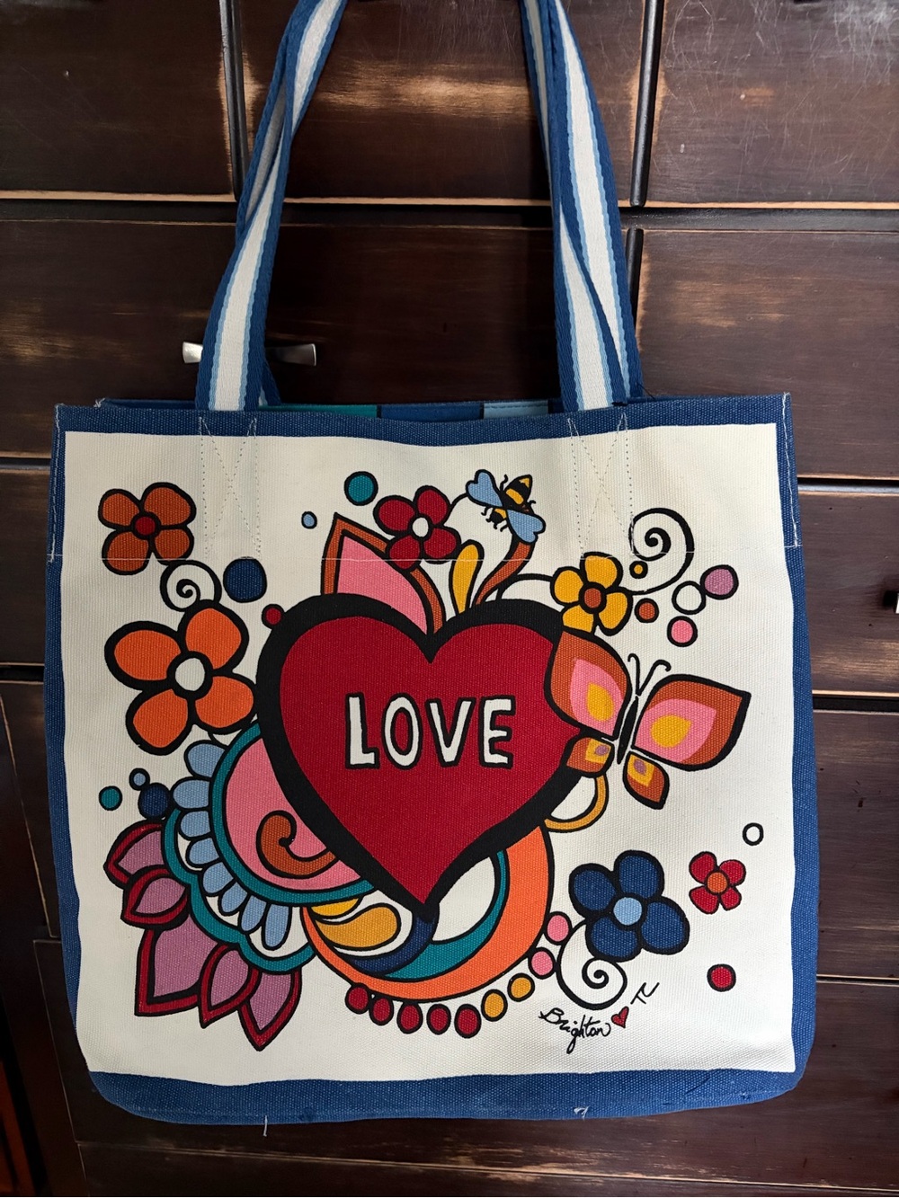 Brighton Canvas LOVE Heart Tote Bag in Red and Blue.
